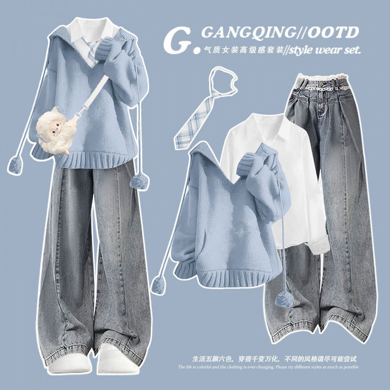 秋冬穿搭学院风jk休闲套装女2025超火冬装一整套韩系chic蓝色毛衣