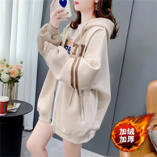 外套 慵懒风字母开衫 拉链卫衣女连帽加绒加厚宽松大码 2025新款