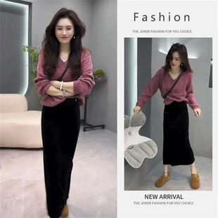 秋季 潮 温柔系穿搭女韩系百搭气质简约v领毛衣显瘦半身裙两件套装