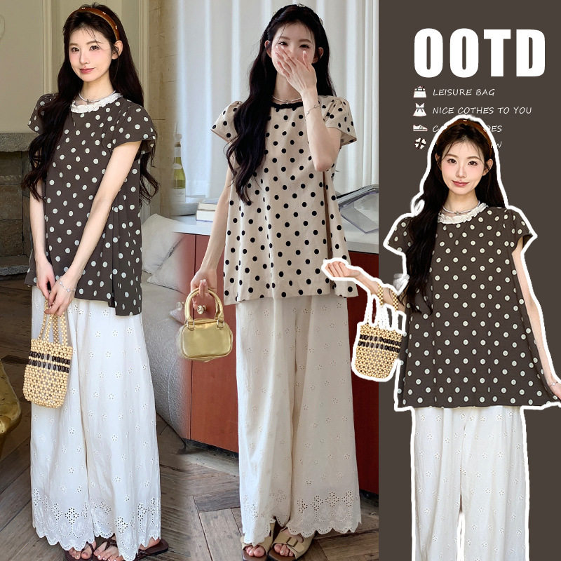 孕妇装2025夏季新款小个子韩版复古波点上衣重工钩花阔腿裤