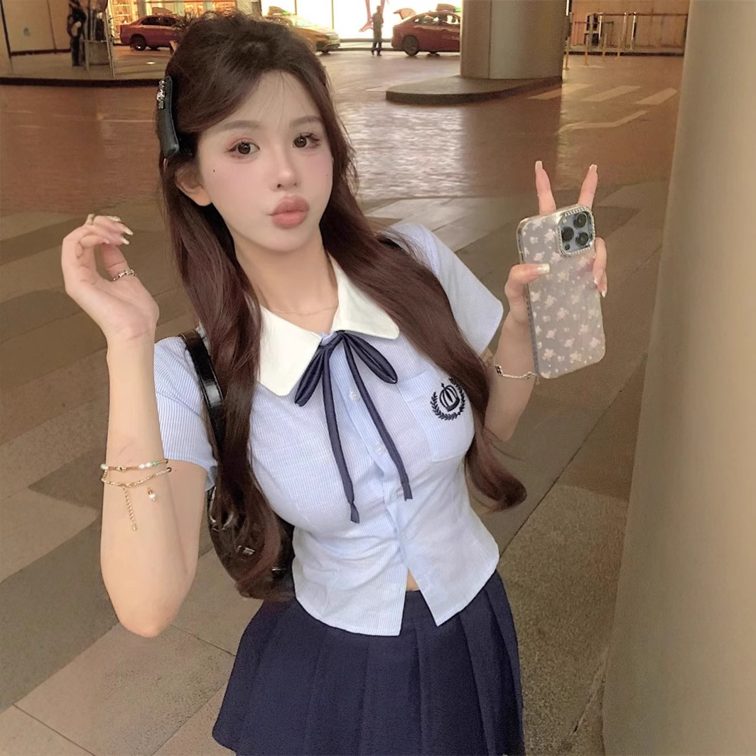 夏季学院风jk制服套装女校园纯欲辣妹穿搭清纯甜美条纹衬衫