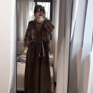 外搭披肩阔腿裤 女秋通勤休闲百搭格纹衬衫 套装 复古港风时尚