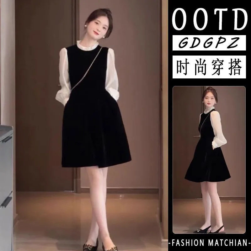 赫本风连衣裙女2024新款高级感初秋穿搭法式丝绒打底裙子黑色长裙,女装/女士精品,连衣裙,淘宝优惠券,粉丝福利购,淘宝优惠卷