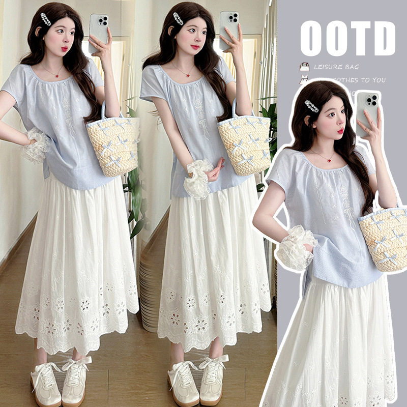 孕妇装2025夏季新款刺绣减龄衬衣+白色半裙猪鼻扣可调节两件套装
