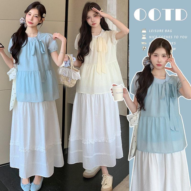 孕妇装2025夏季新款小个子甜美减龄娃娃衫上衣半身裙孕妇两件