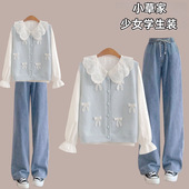 百搭学院风 中学生秋季 甜美少女孩蝴蝶结娃娃领衬衫 马甲套装