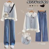 松紧牛仔裤 2025秋季 马甲娃娃领衬衫 女学生小清新开衫 三件套 套装