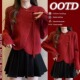 新款 外套百褶裙套装 小香风新中式 开衫 红色针织毛衣女时尚 2025春季