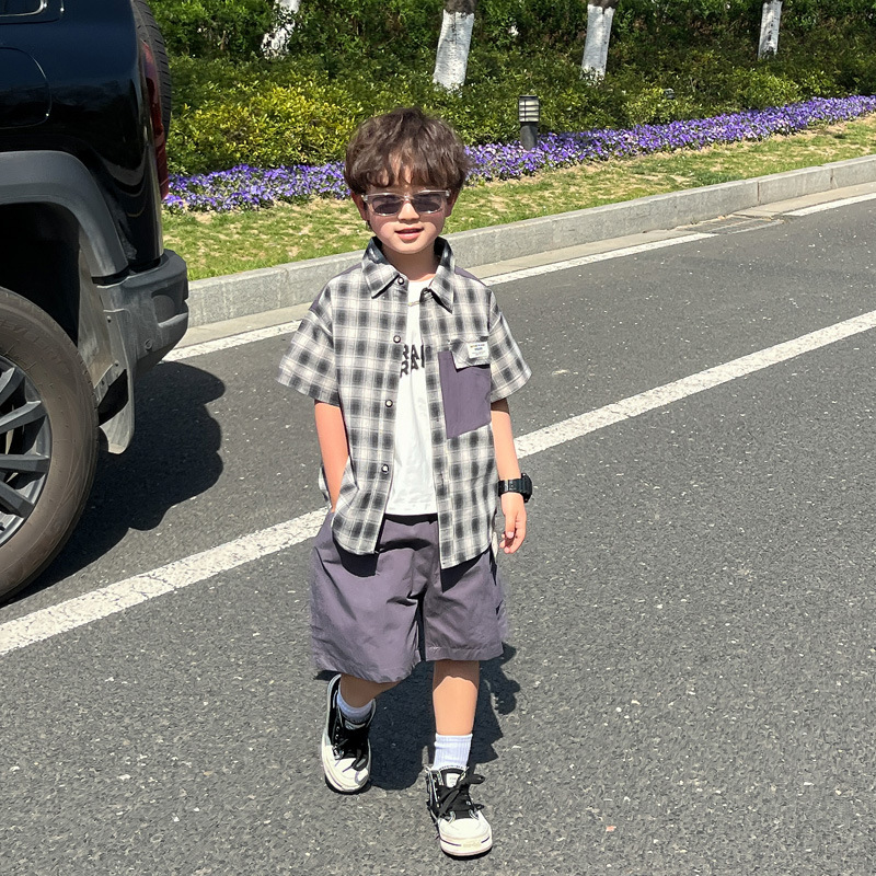 男童格子衬衫套装夏季新款男孩短袖薄款夏装小宝宝夏日三件套