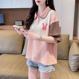 日系春夏显瘦修身 t恤女华夫格复古设计感宽松polo领上衣 撞色短袖