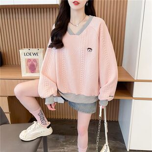 假两件大码 撞色卫衣女v领刺绣卡通2025新款 长袖 薄款 上衣女 春秋季