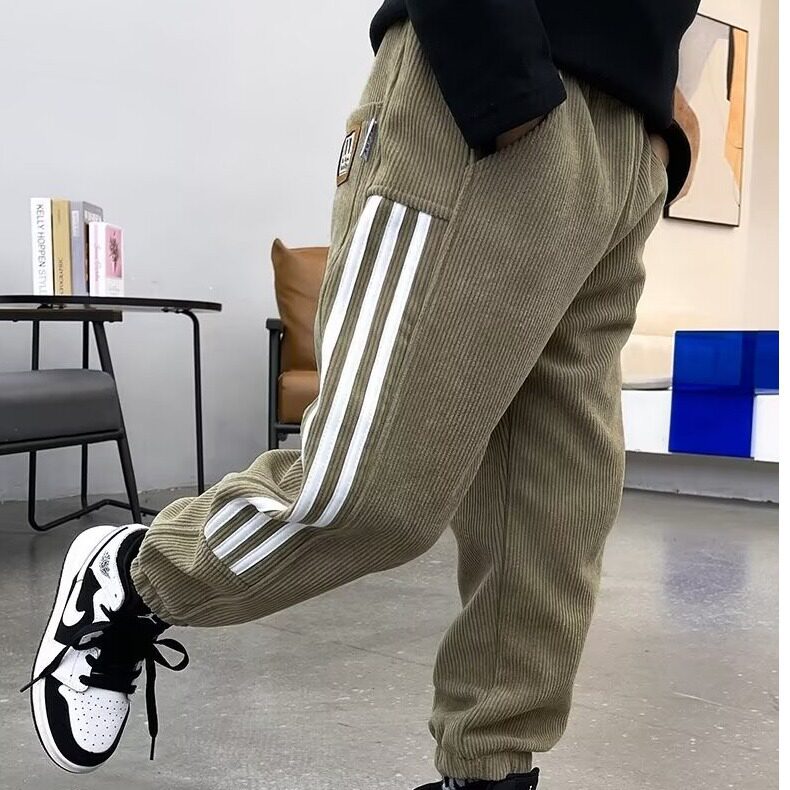 2025新款中大童一体绒薄絨棉裤休闲长裤男童灯芯绒运动裤子春秋装