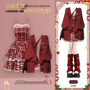 万圣节圣诞穿搭miu系毛衣外套裙子巨好看 红色连衣裙 深秋初冬季