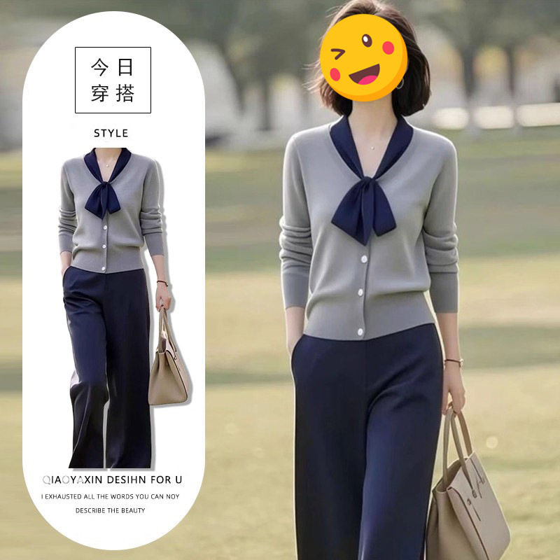 温柔风显气质套装女2025秋冬设计感别致拼色蝴蝶结上衣高腰阔腿裤,女装/女士精品,休闲运动套装,淘宝优惠券,粉丝福利购,淘宝优惠卷