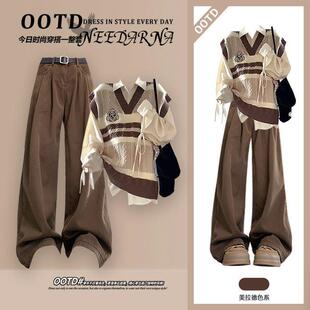 裤 一整套美拉德穿搭酷飒牛仔套装 女 马甲2025超火早秋装 学院风衬衫