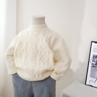 儿童加厚圆领套头红色麻花毛衣冬季韩版男女童长袖内搭针织上衣