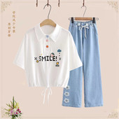 女套装 时尚 t恤休闲宽松牛仔裤 两件套 15岁短款 初中生夏装