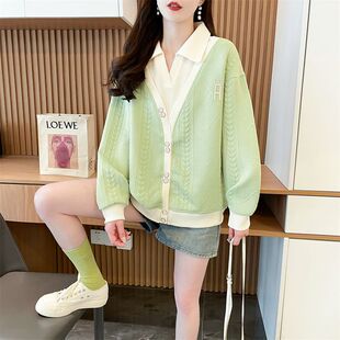 设计感中长款 薄款 撞色 长袖 跨境假两件卫衣女小个子Polo领韩版