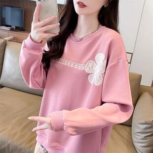无帽上衣 小个子粉色长袖 跨境圆领卫衣女刺绣韩版 宽松初秋新款