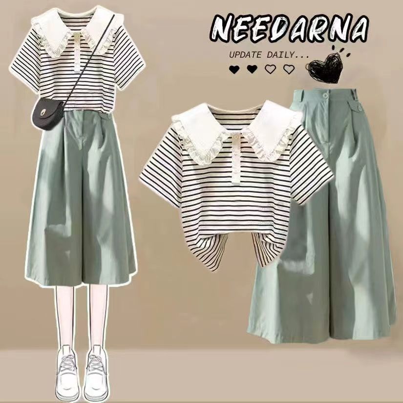 学院风夏季小清新条纹短袖t恤+七分阔腿裤初高中学生套装裙裤