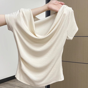 小个子褶皱显瘦修身 爆款 上衣 上衣夏季 辣妹纯欲风荡领莫代尔短袖