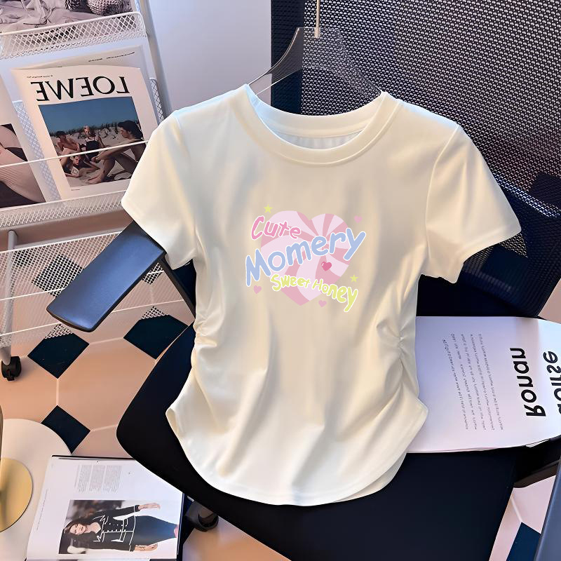 女童装白色纯棉短袖t恤夏宽松收腰皱褶洋气时髦百搭半袖上衣