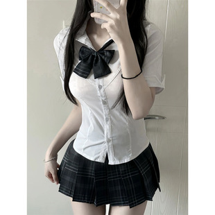 衬衫 JK制服学院风修身 纯欲辣妹收腰显瘦白色衬衣设计感小众短袖