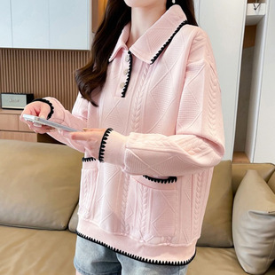 日系提花卫衣女春秋款宽松大码设计感polo领带口袋不带帽长袖