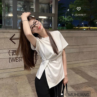 设计感不规则打结短袖 纯棉显瘦遮肚收腰t恤女装 上衣 2025新款 夏季