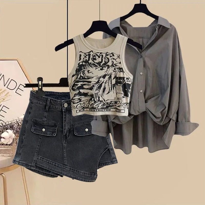春季盐系轻熟风穿搭女2024新款时尚百搭衬衫印花背心短裤三件,女装/女士精品,大码套装,淘宝优惠券,粉丝福利购,淘宝优惠卷
