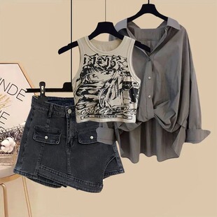 印花背心短裤 春季 百搭衬衫 时尚 三件 盐系轻熟风穿搭女2024新款