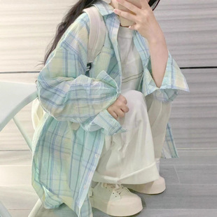 百搭宽松休闲衬衣女外套 上衣绿色格子女士衬衫 2025秋季 慵懒新款