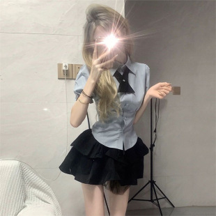 衬衫 短袖 高腰蓬蓬蛋糕裙 女收腰显瘦泡泡袖 日系学院风JK制服套装