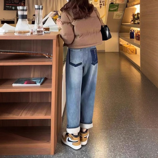 宽松显瘦老爹裤 大码 新款 女2025年冬季 撞色高腰加绒加厚哈伦牛仔裤