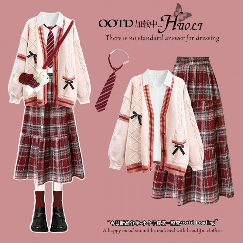 圣诞miu系穿搭红色毛衣长袖连衣裙秋冬女装2025新款学院风格子裙