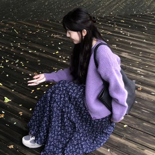 2024早秋穿搭一整套温柔风紫色针织开衫 外套高腰碎花半身长裙