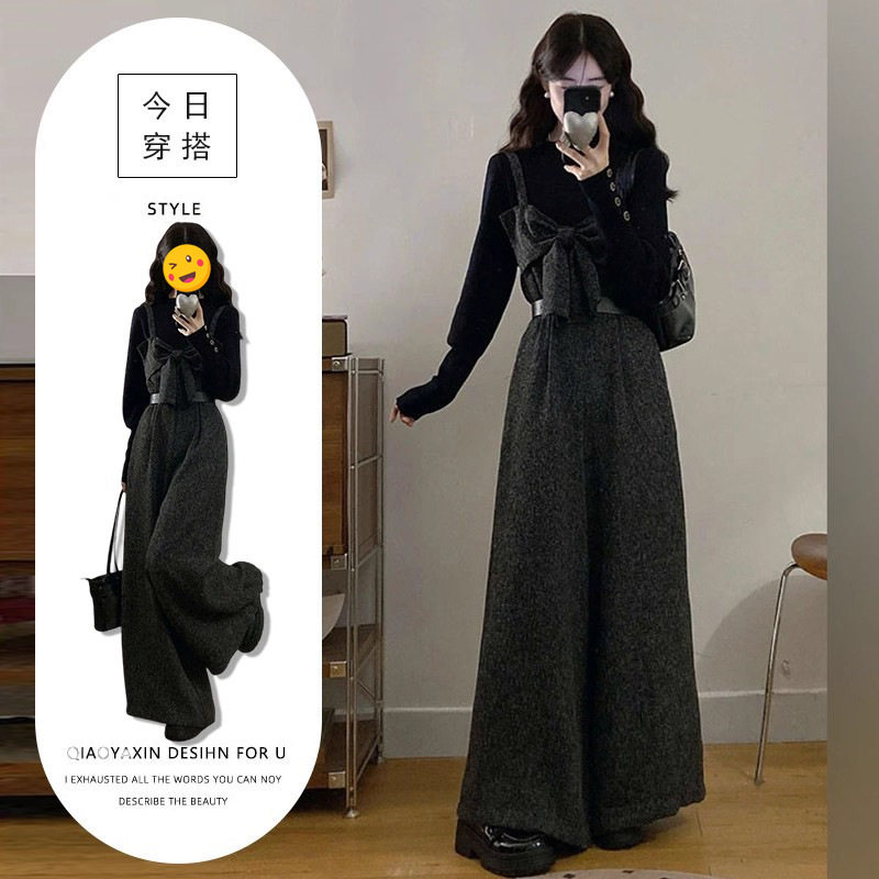 单件/显白复古港风2025秋冬高级感蝴蝶结毛呢背带裤修身打底衫潮,女装/女士精品,休闲运动套装,淘宝优惠券,粉丝福利购,淘宝优惠卷