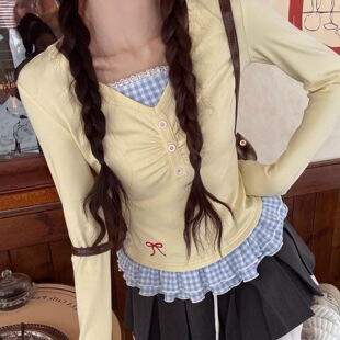 内搭打底衫 美式 小个子修身 t恤女上衣春秋新款 格蕾丝边蝴蝶结长袖