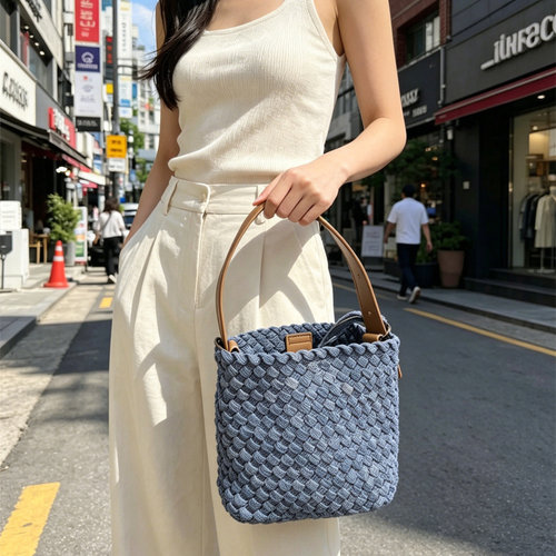 牛仔编织水桶包女小众设计手提包