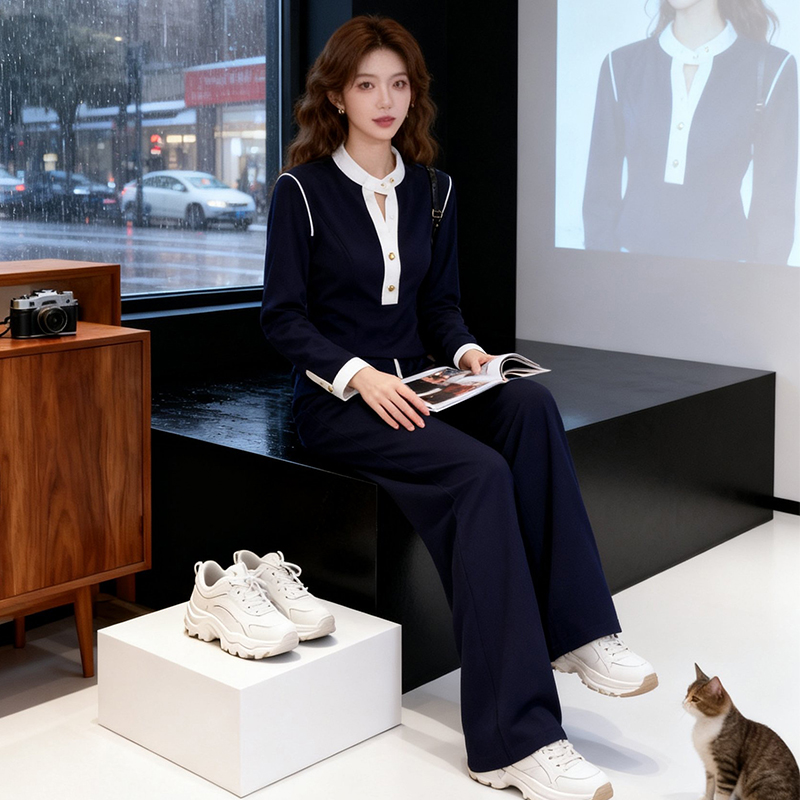 航海系撞色上衣阔腿裤运动套装女