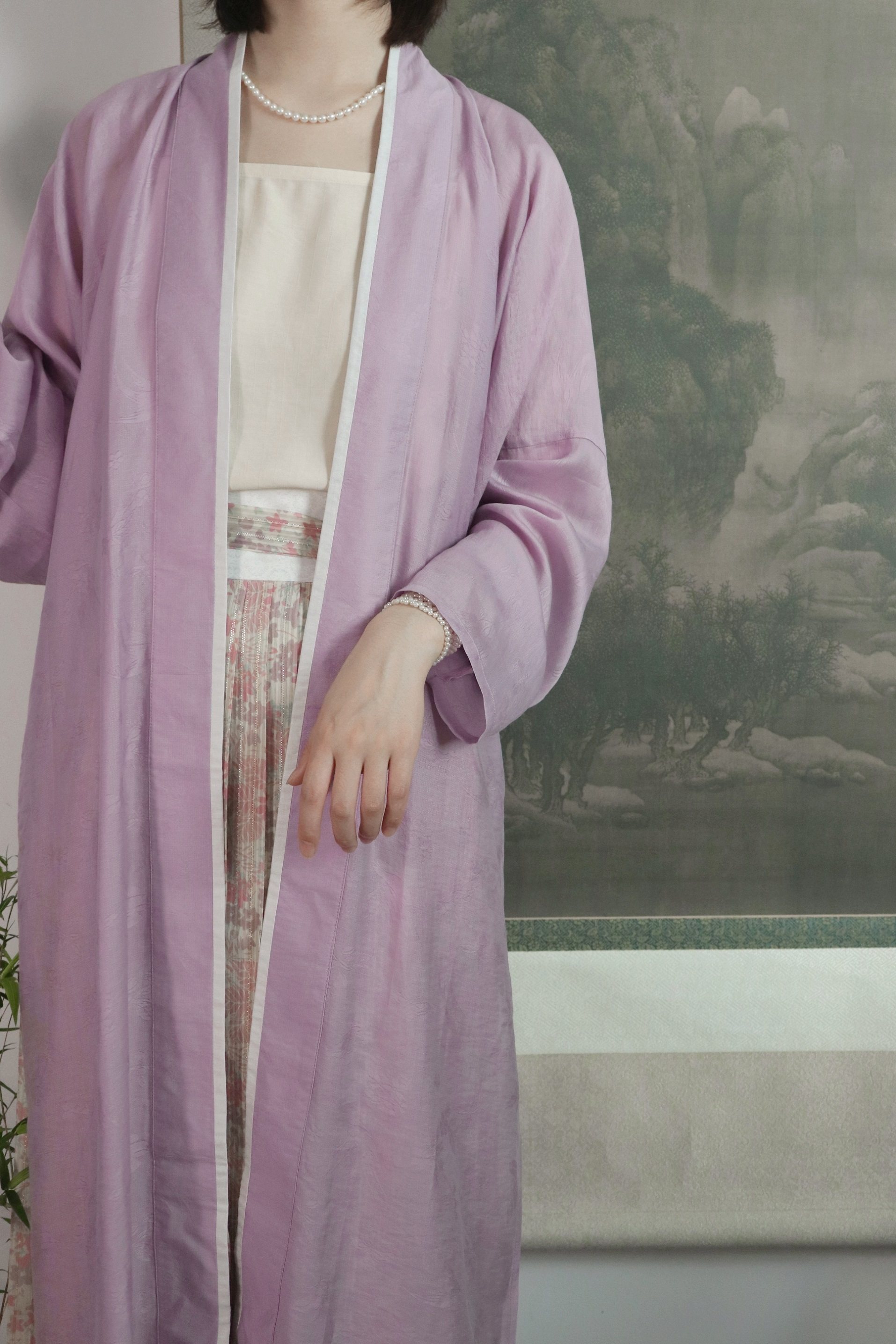 SHANG SHANG HUA CHUNYAN 봄 여름 가을 송 및 명나라 텐셀 자카드 스트레이트 칼라 더블 브레스티드 롱 셔츠 스퀘어 칼라 반소매 짧은 셔츠