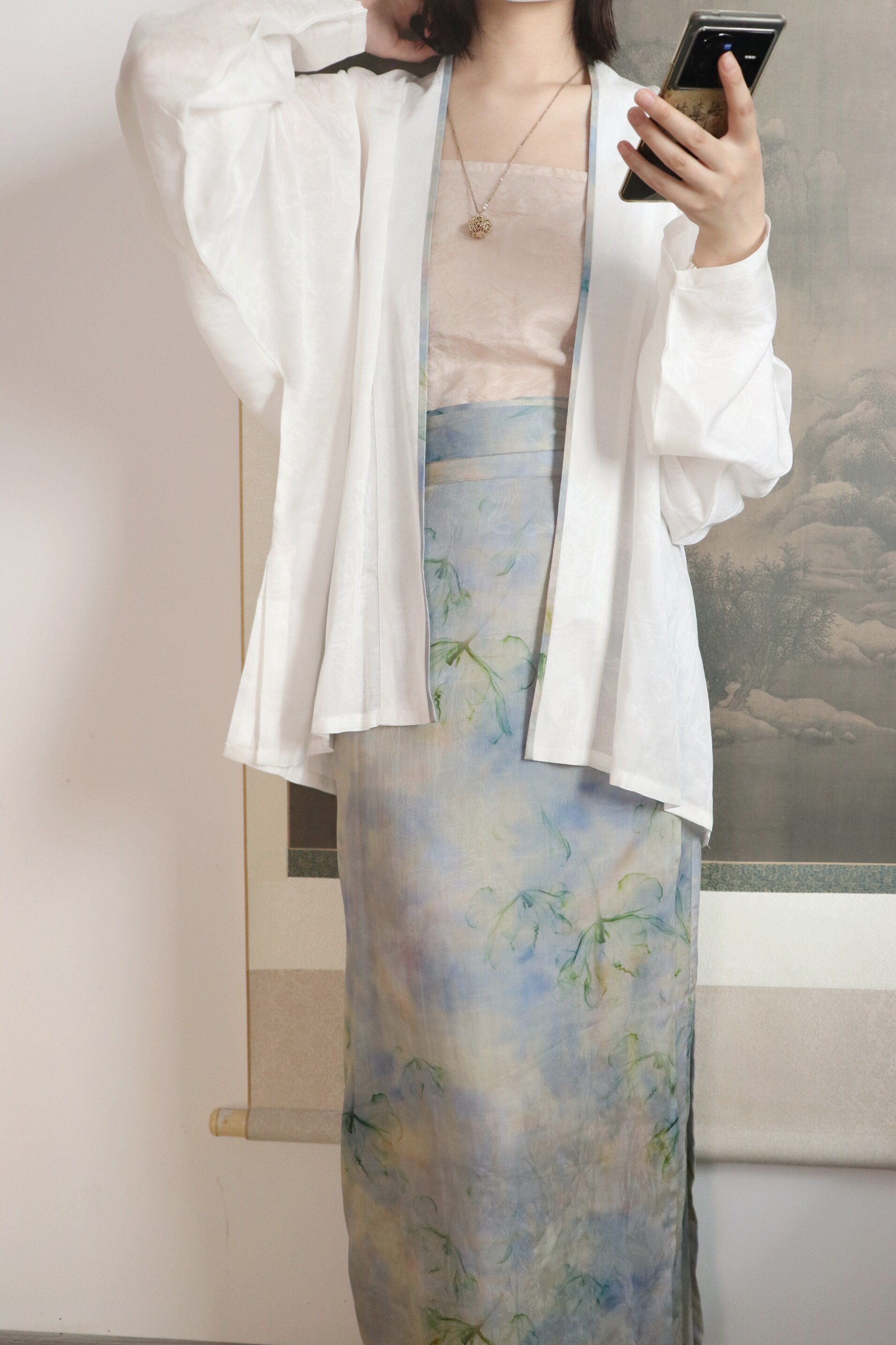 SHANG SHANG ZHE HUA YU TENCEL 인쇄 된 송 왕조 스트레이트 칼라 더블 옆을 터 놓은 부분 비행기 소매 짧은 셔츠 투피스 스커트 나선형 스커트 DAILY HANFU