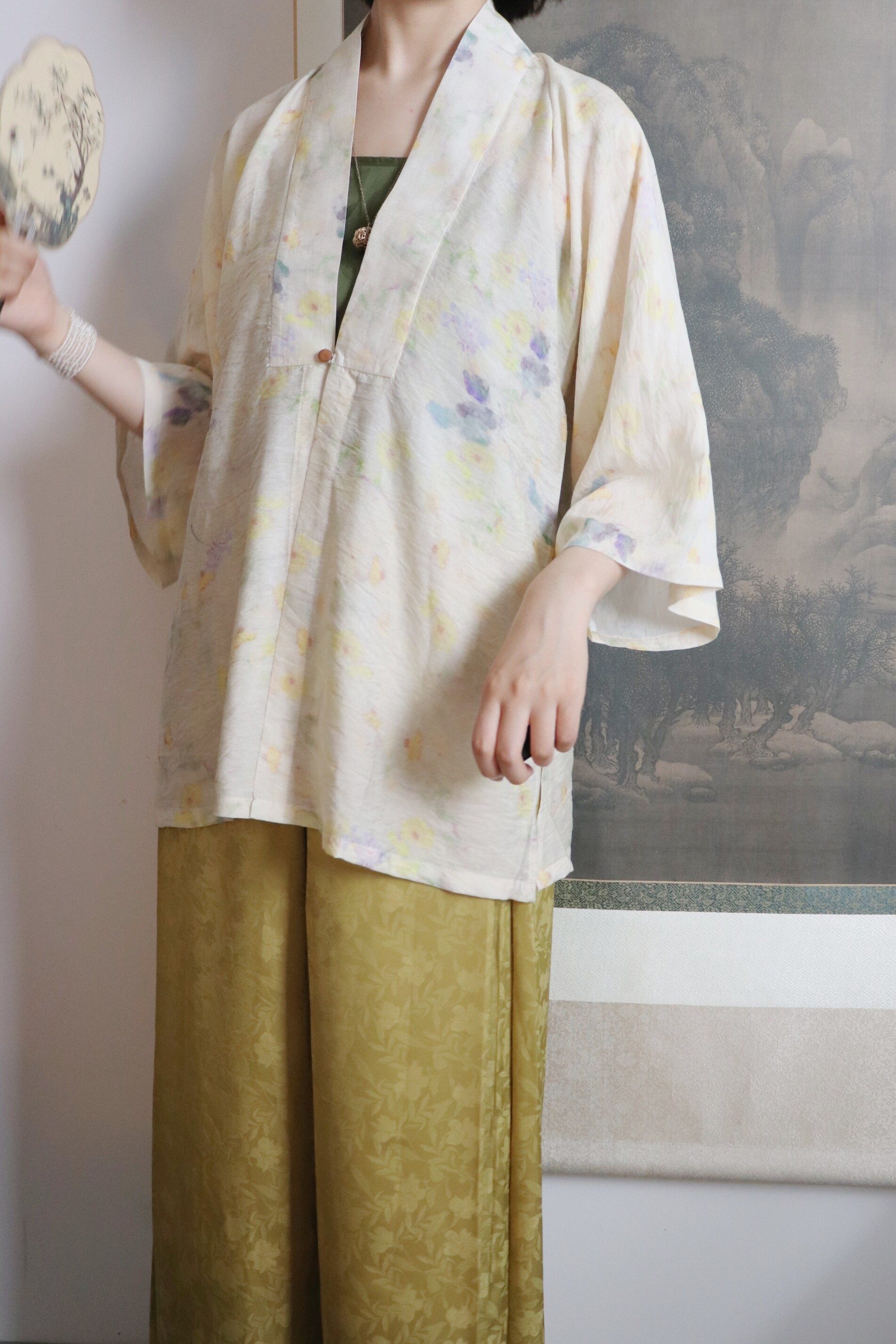 SHANG SHANG ZHE HUA GOUACHE 봄 여름 가을 일일 MING TENCEL 프린트 칼라 셔츠 반소매 더블 브레스트 쇼트 셔츠 HANFU