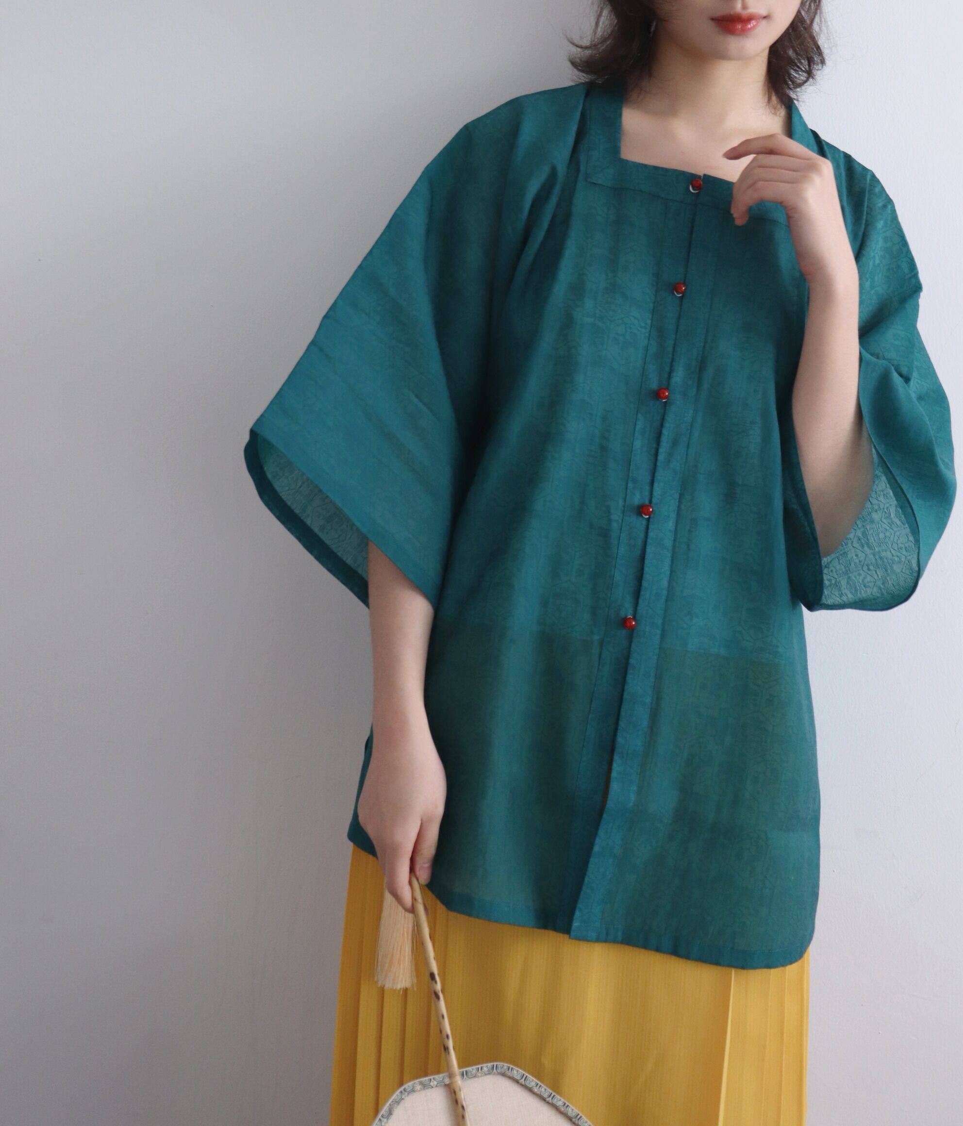 SHANG SHANG ZHE HUA BAI YE의 데일리 봄 여름 및 QIU MING HANFU 텐셀 자카드 전통 패턴 스퀘어 칼라 반팔 블라우스