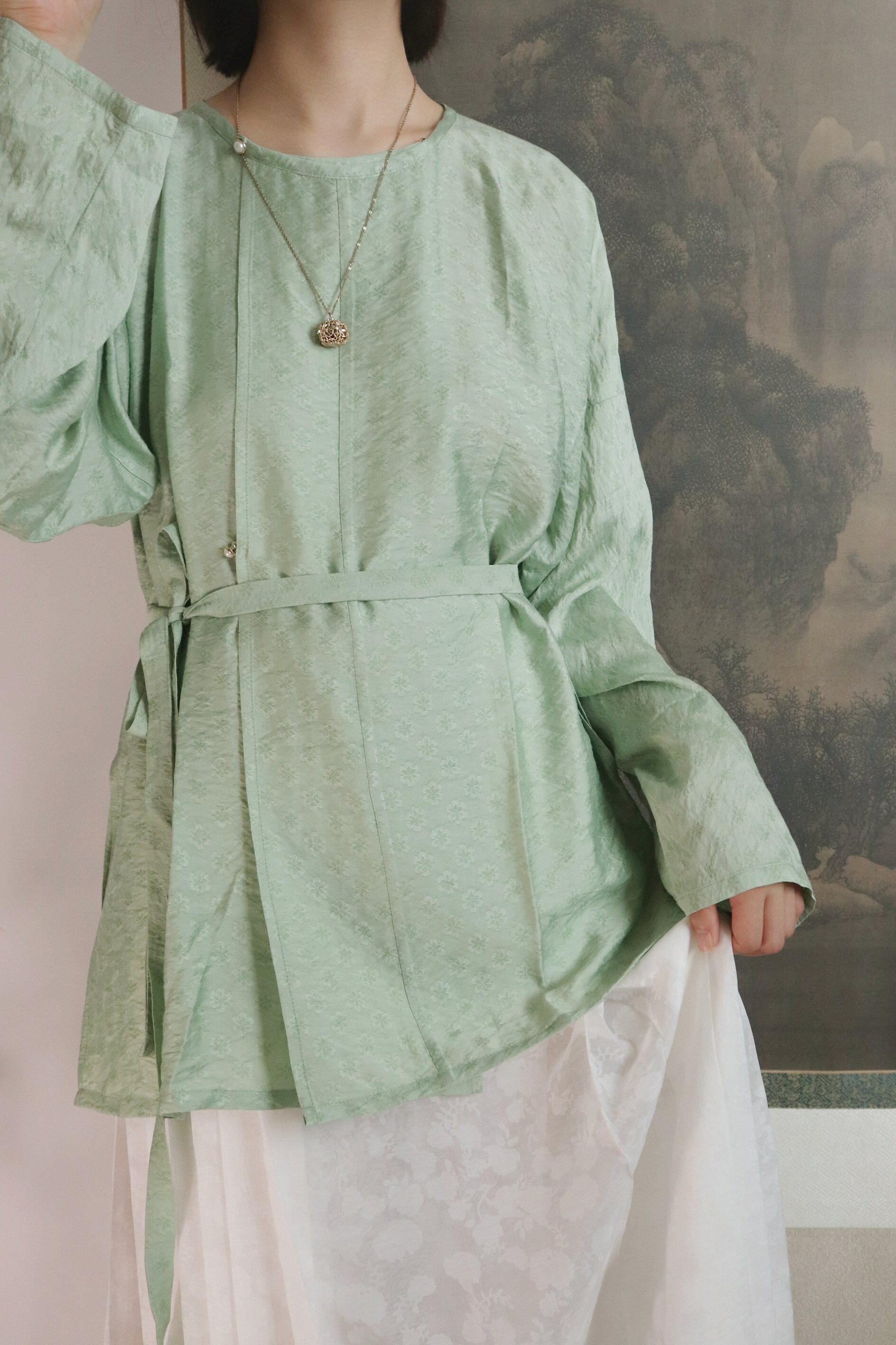 SHANG SHANG ZHE HUA 핑크 블루 데일리 봄 여름 가을 당나라 라운드 넥 짧은 셔츠 대형 가디건 긴 찢어진 스커트 HANFU