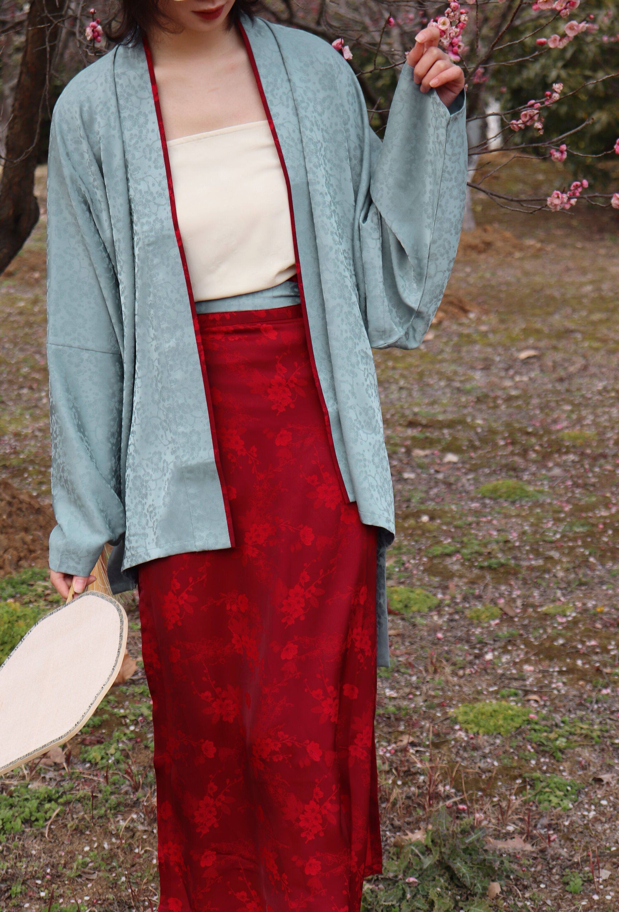 SHANG SHANG ZHE HUA PIANPIAN 원래 송나라 스트레이트 칼라 더블 브레스트 비행기 소매 짧은 셔츠 투피스 스커트 나선형 스커트 데일리 HANFU