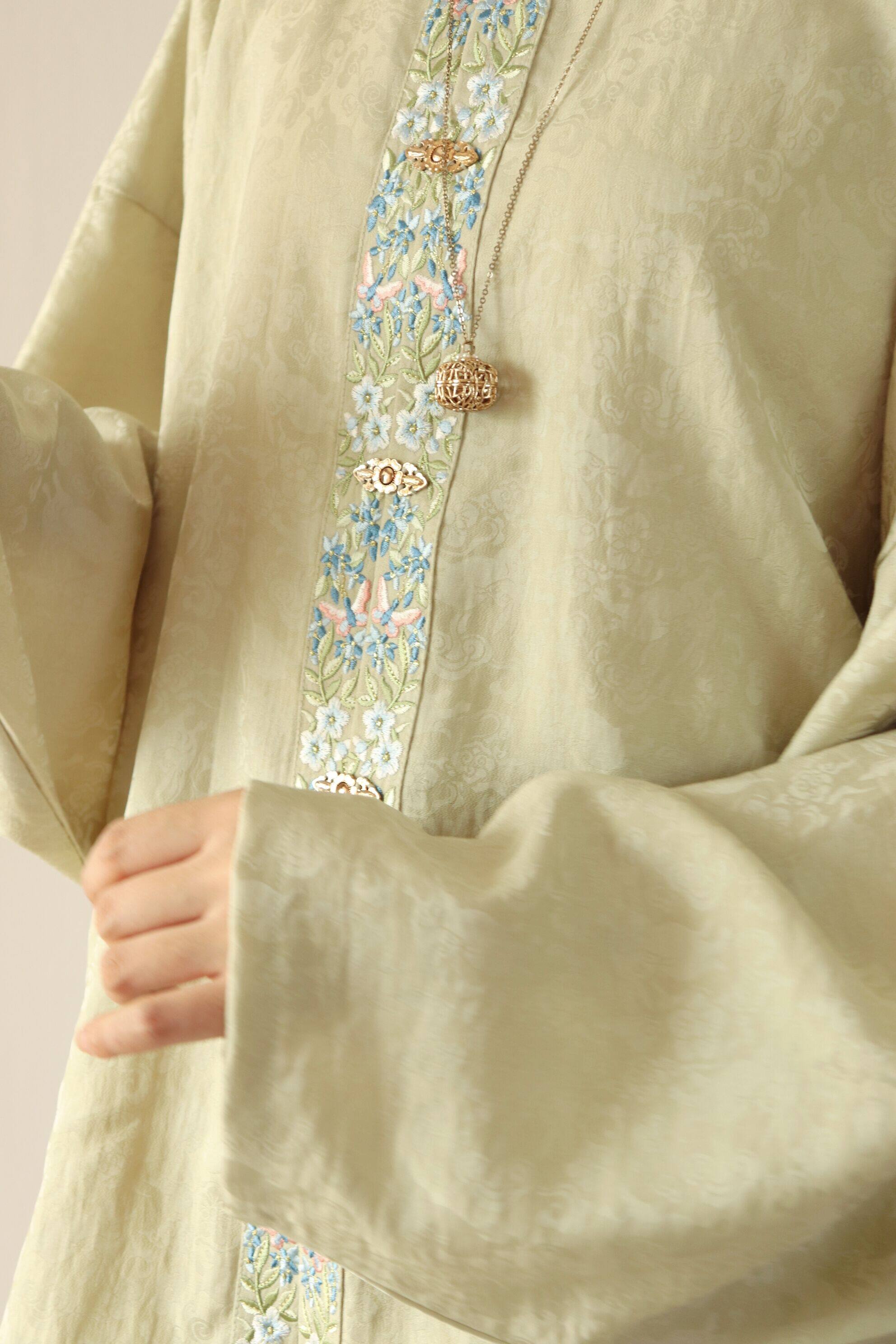 SHANG SHANG ZHE HUAYING 차 오리지널 데일리 봄 여름 명나라 HANFU TENCEL 자카드 자수 스퀘어 넥 보우 포켓 슬리브 짧은 셔츠