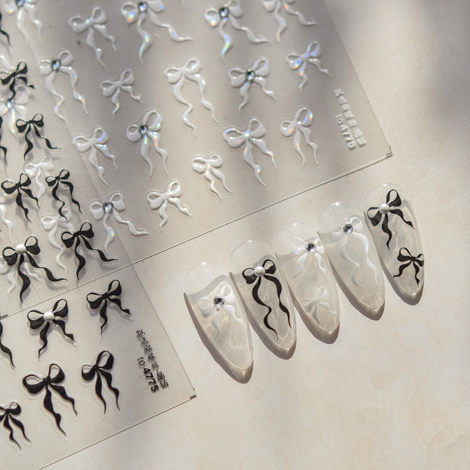 珍珠晶钻蝴蝶结美甲贴纸爆款手机壳复古黑白飘带蝴蝶结美甲贴纸