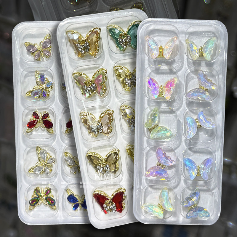 美甲饰品水晶蝴蝶新款超闪冰透极光幻彩合金属立体成品指甲装钻饰