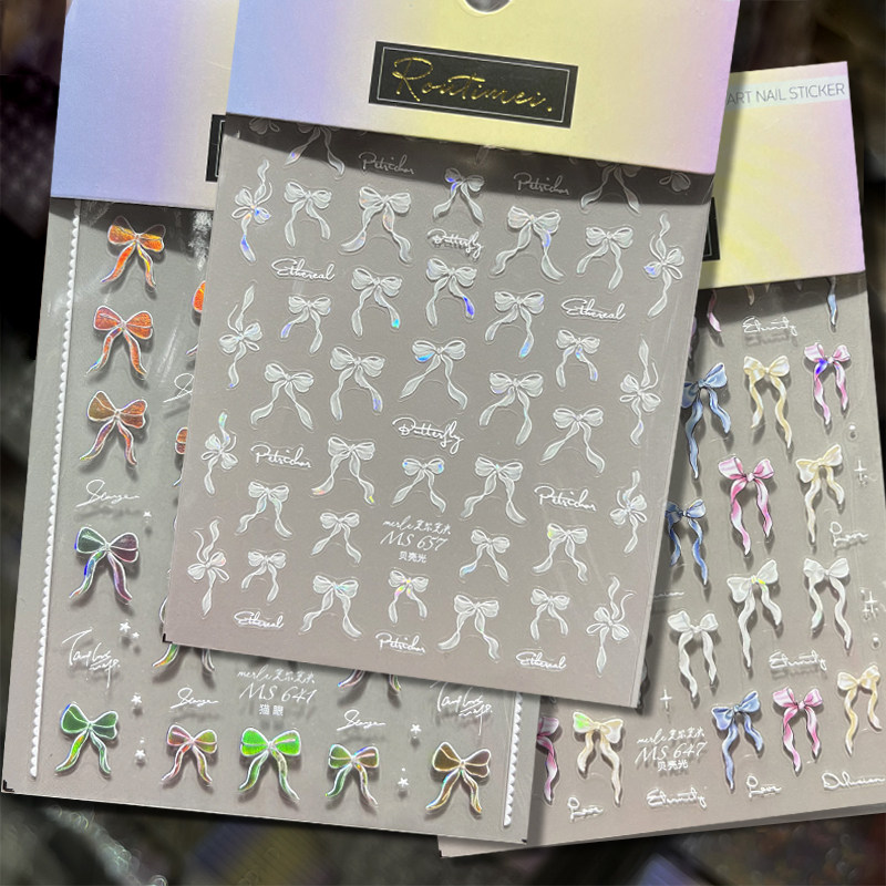 蝴蝶结美甲贴纸浮雕贝壳光晶钻可爱少女心粉白色飘带蝴蝶结指甲贴